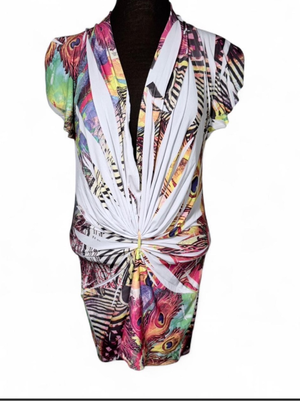 Y2K Made USA Peacock Print Plunge Mini Dress Large